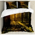 thumbnail image 1 of Nature Duvet Cover Set, Misty Morning in the Forest with Sun Rays Mother Earth Foliage Dawn Picture, Decorative 3 Piece Bedding Set with 2 Pillow Shams, King Size, Brown Fern Green, by Ambesonne, 1 of 3