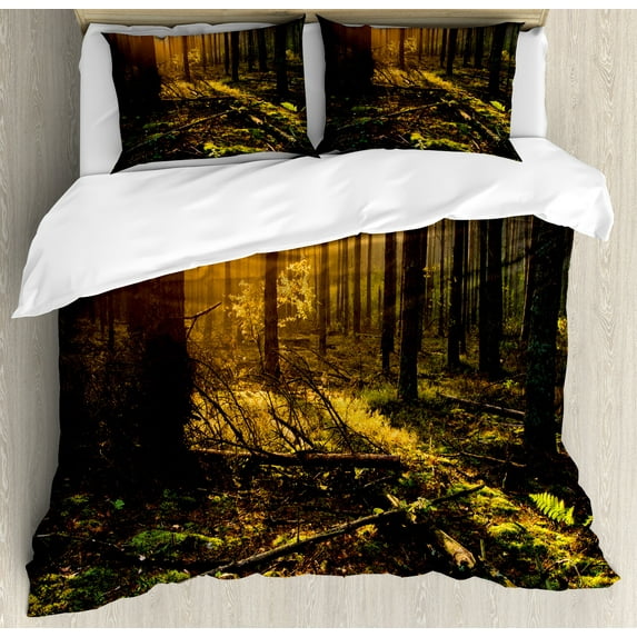 Nature Duvet Cover Set, Misty Morning in the Forest with Sun Rays Mother Earth Foliage Dawn Picture, Decorative 3 Piece Bedding Set with 2 Pillow Shams, Queen Size, Brown Fern Green, by Ambesonne