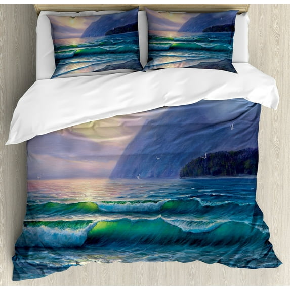 Nature Duvet Cover Set, Ocean Waves in the Morning an Sun Sky Above Mountain Foggy Horizon Surreal Scenery, Decorative 3 Piece Bedding Set with 2 Pillow Shams, King Size, Lilac Teal, by Ambesonne