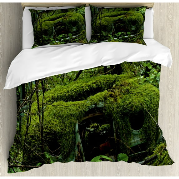 Nature Duvet Cover Set, Old Abandoned Forest with Moss and Fourties and Fifties Car Art Photo, Decorative 3 Piece Bedding Set with 2 Pillow Shams, King Size, Olive Green and Dimgrey, by Ambesonne