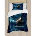 thumbnail image 1 of Nature Duvet Cover Set, Old Nostalgic Wooden Boat Ship During Rain and Thunder Storm Scary Dramatic Scene, Decorative 2 Piece Bedding Set with 1 Pillow Shams, Twin Size, Blue Brown, by Ambesonne, 1 of 3