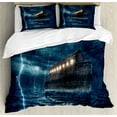 thumbnail image 1 of Nature Duvet Cover Set, Old Nostalgic Wooden Boat Ship During Rain and Thunder Storm Scary Dramatic Scene, Decorative 3 Piece Bedding Set with 2 Pillow Shams, King Size, Blue Brown, by Ambesonne, 1 of 3