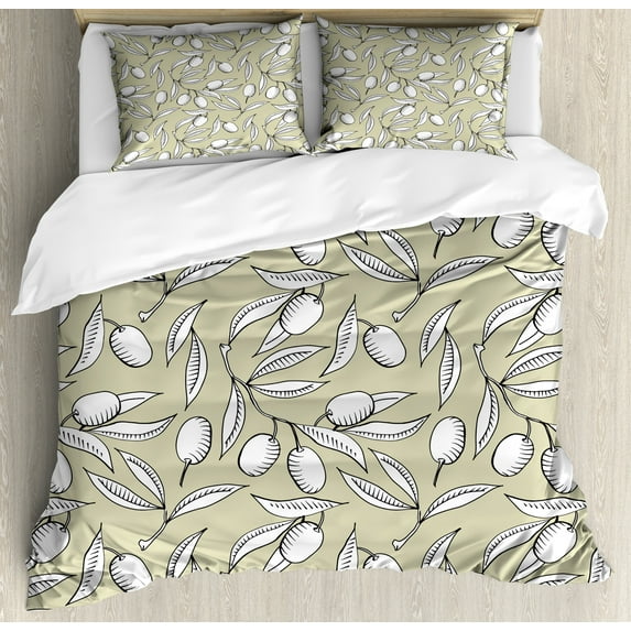 Nature Duvet Cover Set, Olive Tree Branches Season Mediterranean Raw Food Cuisine Culture Design, Decorative 3 Piece Bedding Set with 2 Pillow Shams, Calking Size, Pale Khaki and White, by Ambesonne