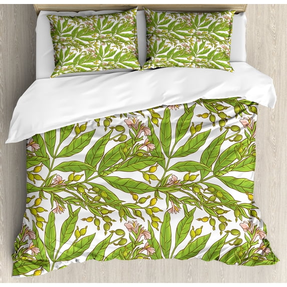 Nature Duvet Cover Set, Olive Tree Pattern Mediterranean Organic Food Blossoming Flowers Condiments, Decorative 3 Piece Bedding Set with 2 Pillow Shams, Calking Size, Lime Green and Rose, by Ambesonne