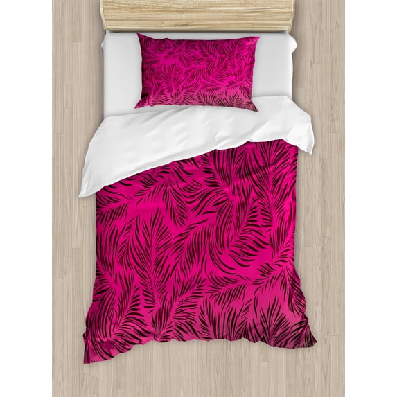 Nature Duvet Cover Set, Palm Trees Hawaiian Forest Tropic Island Theme Leaves Ombre Art Image Print, Decorative 2 Piece Bedding Set with 1 Pillow Shams, Twin Size, Magenta Black, by Ambesonne