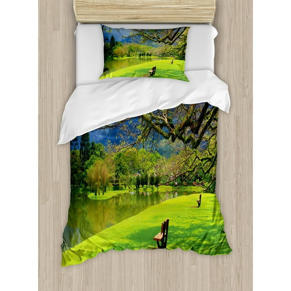 Nature Duvet Cover Set, Panoramic View of Public Lake Garden at Park Idyllic Landscape, Decorative 2 Piece Bedding Set with 1 Pillow Shams, Twin Size, Lime Green Violet Blue, by Ambesonne