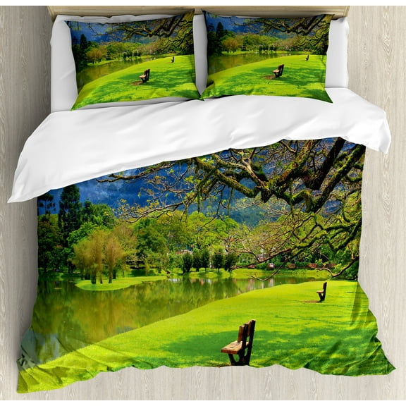 Nature Duvet Cover Set, Panoramic View of Public Lake Garden at Park Idyllic Landscape, Decorative 3 Piece Bedding Set with 2 Pillow Shams, Calking Size, Lime Green Violet Blue, by Ambesonne