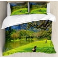 thumbnail image 1 of Nature Duvet Cover Set, Panoramic View of Public Lake Garden at Park Idyllic Landscape, Decorative 3 Piece Bedding Set with 2 Pillow Shams, Queen Size, Lime Green Violet Blue, by Ambesonne, 1 of 3