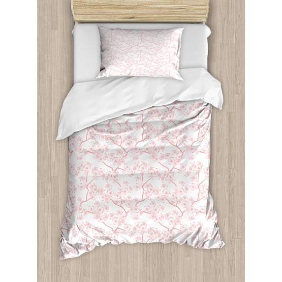 Nature Duvet Cover Set, Pattern with Soft Spring Branches Flourishing Flowers and Leaves Feminine Print, Decorative 2 Piece Bedding Set with 1 Pillow Shams, Twin Size, Coral White, by Ambesonne