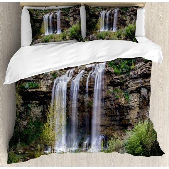 Nature Duvet Cover Set, Photo of Waterfall Forest Jungle Corleone Sicily Rocks Trees Grass Landscape, Decorative 3 Piece Bedding Set with 2 Pillow Shams, Calking Size, Brown Green White, by Ambesonne