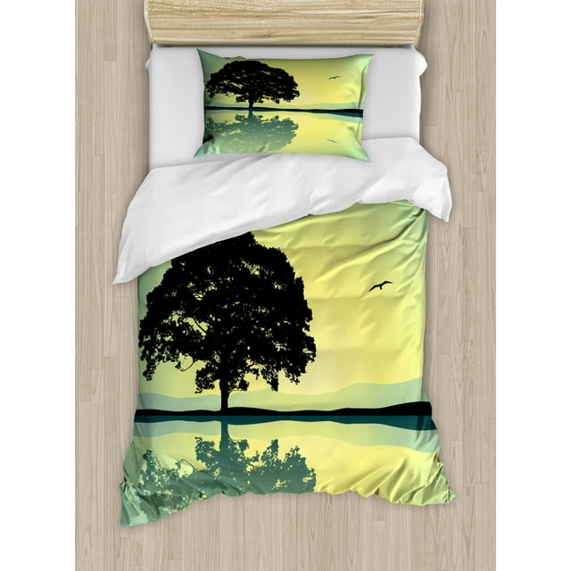 Nature Duvet Cover Set, Plant Standinglone Reflection in Water Gulls Silhouettes Scenery Print, Decorative 2 Piece Bedding Set with 1 Pillow Shams, Twin Size, Yellow Green, by Ambesonne