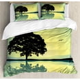 thumbnail image 1 of Nature Duvet Cover Set, Plant Standinglone Reflection in Water Gulls Silhouettes Scenery Print, Decorative 3 Piece Bedding Set with 2 Pillow Shams, Queen Size, Yellow Green, by Ambesonne, 1 of 3