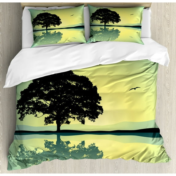 Nature Duvet Cover Set, Plant Standinglone Reflection in Water Gulls Silhouettes Scenery Print, Decorative 3 Piece Bedding Set with 2 Pillow Shams, Queen Size, Yellow Green, by Ambesonne
