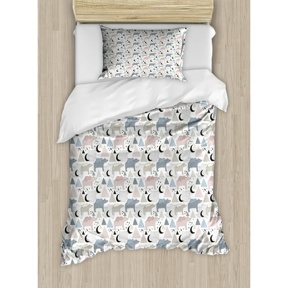 Nature Duvet Cover Set, Polar Bear Mom and Creative with Pyramids Moon Dots Playful, Decorative 2 Piece Bedding Set with 1 Pillow Shams, Twin Size, Multicolor, by Ambesonne