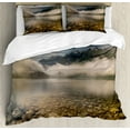 thumbnail image 1 of Nature Duvet Cover Set Queen Size, Alpine Lake with Stones Rocks in Crystal Water with Misty Fogy Clouds Image, Decorative 3 Piece Bedding Set with 2 Pillow Shams, Grey and White, by Ambesonne, 1 of 3