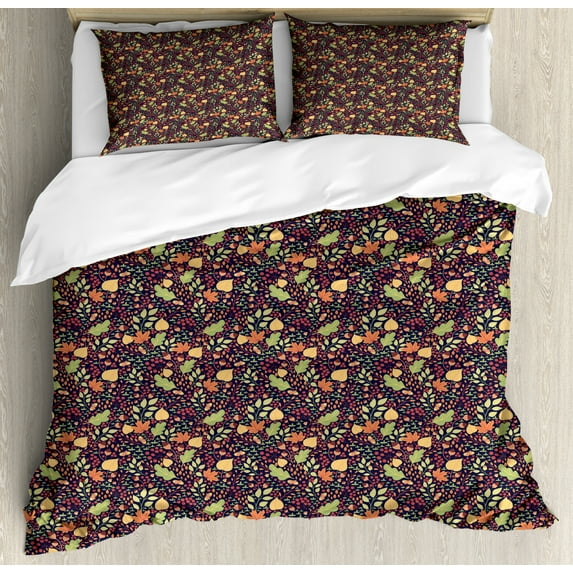 Nature Duvet Cover Set Queen Size, Autumn Seasonal Botanical Composition with Leaves Acorns and Berries, Decorative 3 Piece Bedding Set with 2 Pillow Shams, Indigo and Multicolor, by Ambesonne