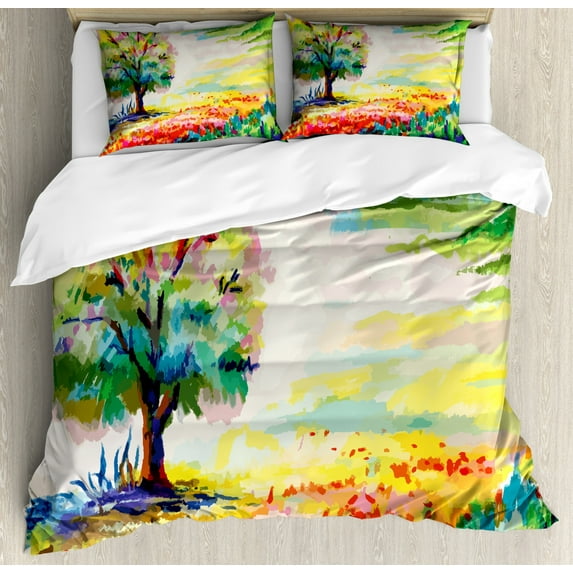 Nature Duvet Cover Set Queen Size, Colorful Hand Drawn Flowers Grass and Trees Forest Rural Scenery Watercolors Artwork, Decorative 3 Piece Bedding Set with 2 Pillow Shams, Multicolor, by Ambesonne
