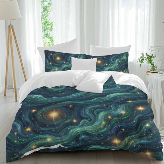 Nature Duvet Cover Set Queen Size, Fantasy Starry Sky Romantic Mystic Cosmic Vortex Bright Star 4 Piece Bedding Set with Zipper Closure & Corner Ties Soft Breathable Comforter Cover for Bedroom