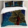 thumbnail image 1 of Nature Duvet Cover Set Queen Size, Funk Art Stylized Vibrant Starry Night Sky with Puffy Clouds and Tree Illustration Print, Decorative 3 Piece Bedding Set with 2 Pillow Shams, Multi, by Ambesonne, 1 of 3