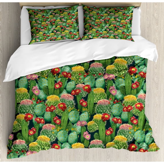 Nature Duvet Cover Set Queen Size, Garden Flowers Cactus Texas Desert Botanical Various Plants with Spikes Pattern, Decorative 3 Piece Bedding Set with 2 Pillow Shams, Multicolor, by Ambesonne