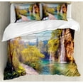 thumbnail image 1 of Nature Duvet Cover Set Queen Size, Idyllic Lake with Waterfall Flowing down the Hills in National Park Autumn Scenery, Decorative 3 Piece Bedding Set with 2 Pillow Shams, Multicolor, by Ambesonne, 1 of 3