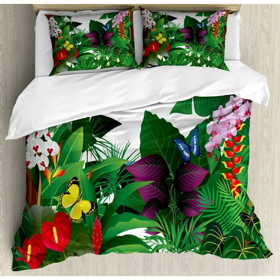 Nature Duvet Cover Set Queen Size, Jungle Themed Cartoon Design with Blooming Flowers and Butterflies Tropical Pattern, Decorative 3 Piece Bedding Set with 2 Pillow Shams, Multicolor, by Ambesonne