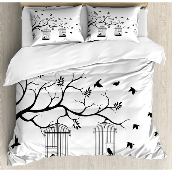 Nature Duvet Cover Set Queen Size, Modern and Romantic Themed Design Birds Cages Branches Leaves Artwork Print, Decorative 3 Piece Bedding Set with 2 Pillow Shams, Black and White, by Ambesonne
