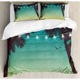 thumbnail image 1 of Nature Duvet Cover Set Queen Size, Night Time Beach Sunset Design with Little Lantern and Island Palm Trees Art Print, Decorative 3 Piece Bedding Set with 2 Pillow Shams, Multicolor, by Ambesonne, 1 of 3