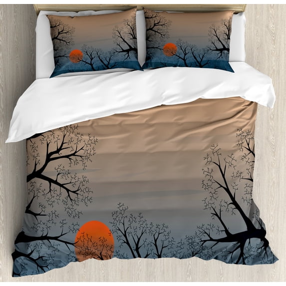 Nature Duvet Cover Set Queen Size, Sun Rises between Tree Branches in Misty Weather Foggy Sky Illustration, Decorative 3 Piece Bedding Set with 2 Pillow Shams, Slate Blue Orange Peach, by Ambesonne