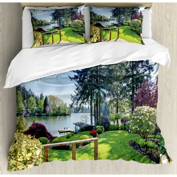 Nature Duvet Cover Set Queen Size, Sunny Spring Season Day Pier View in Countryside Rural Cottage Theme Nature Image, Decorative 3 Piece Bedding Set with 2 Pillow Shams, Multicolor, by Ambesonne