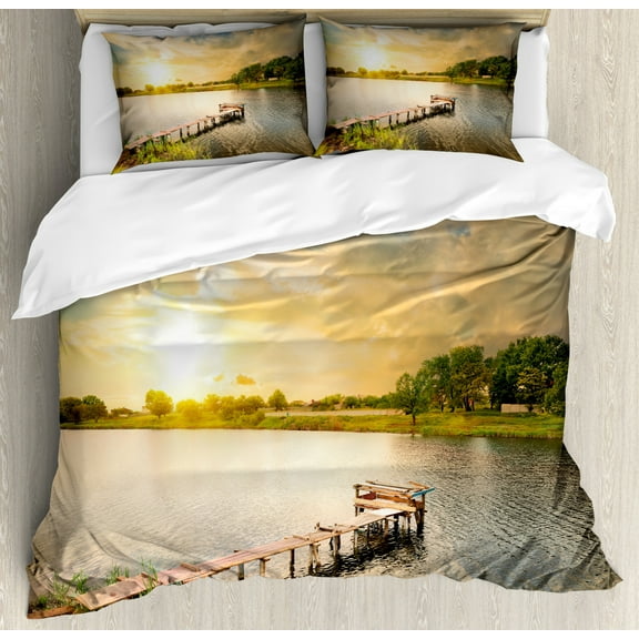 Nature Duvet Cover Set Queen Size, Wooden Deck on the Lake Surrounded by Foliage Greenery Evening Sky Serene Landscape, Decorative 3 Piece Bedding Set with 2 Pillow Shams, Multicolor, by Ambesonne