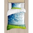 thumbnail image 1 of Nature Duvet Cover Set, Refreshing Meadow Valley Under Cloud Sun Sky Spring Grass Country Image, Decorative 2 Piece Bedding Set with 1 Pillow Shams, Twin Size, Lime Green Pale Blue, by Ambesonne, 1 of 3