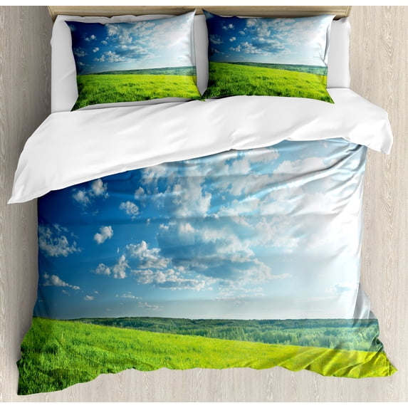 Nature Duvet Cover Set, Refreshing Meadow Valley Under Cloud Sun Sky Spring Grass Country Image, Decorative 3 Piece Bedding Set with 2 Pillow Shams, King Size, Lime Green Pale Blue, by Ambesonne