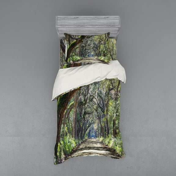 Nature Duvet Cover Set, Road in the Forest with Trees Botany South Carolina National Park Eco Picture, Bedding Set with Shams and Fitted Sheet, 3 Sizes, by Ambesonne