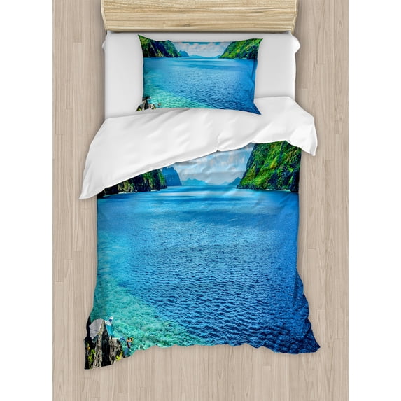 Nature Duvet Cover Set, Scenic View Sea Bay and Mountain Islands in Palawan Philippines Idyllic Image, Decorative 2 Piece Bedding Set with 1 Pillow Shams, Twin Size, Blue Green White, by Ambesonne
