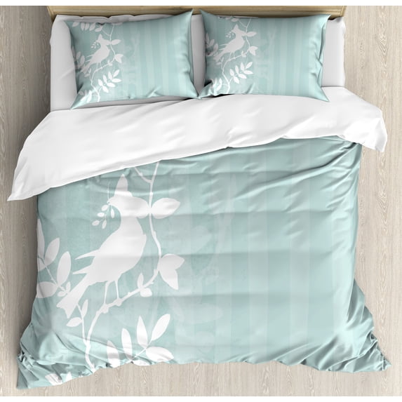 Nature Duvet Cover Set, Silhouette of Bird Sitting on the Tree Branch on Striped Backdrop Summer Print, Decorative 3 Piece Bedding Set with 2 Pillow Shams, Queen Size, Turquoise White, by Ambesonne