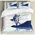 thumbnail image 1 of Nature Duvet Cover Set, Silhouette of Lonely Tree by Lake with Mirror Effects Melancholy Illustration, Decorative 3 Piece Bedding Set with 2 Pillow Shams, King Size, Pale Blue Indigo, by Ambesonne, 1 of 3