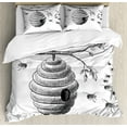 thumbnail image 1 of Nature Duvet Cover Set, Sketchy Hand Drawn Image of Honeycomb Bees Leaves Branches Art, Decorative 3 Piece Bedding Set with 2 Pillow Shams, Calking Size, Charcoal Grey White, by Ambesonne, 1 of 3