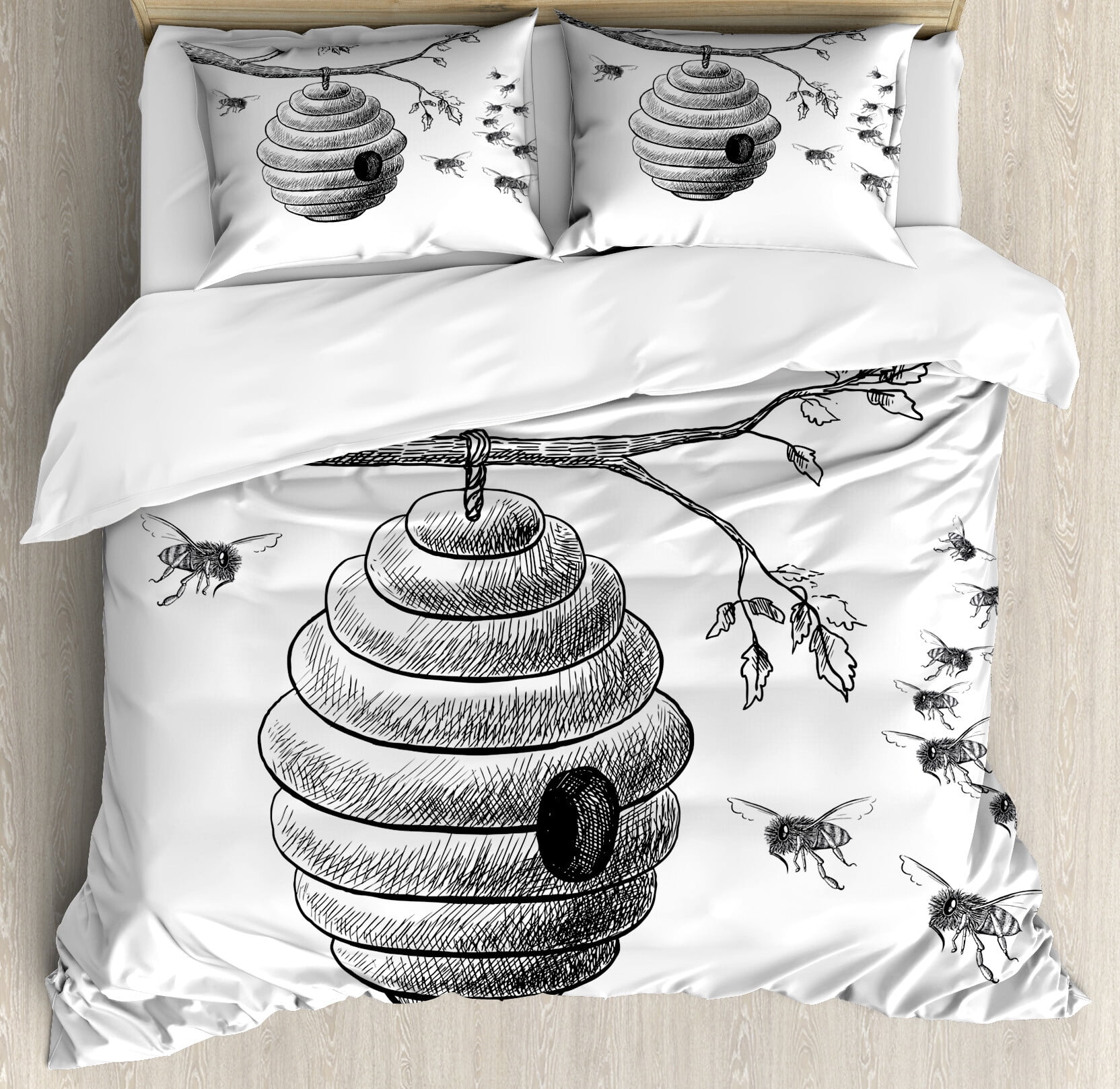 Nature Duvet Cover Set, Sketchy Hand Drawn Image of Honeycomb Bees ...