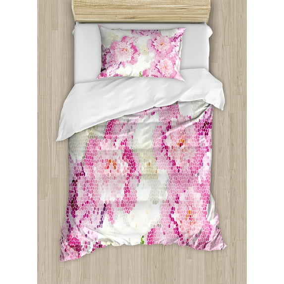 Nature Duvet Cover Set, Spring Themed Mosaic Texture Peony Flowers Floral Soft Colors Art, Decorative 2 Piece Bedding Set with 1 Pillow Shams, Twin Size, Pink Purple White, by Ambesonne