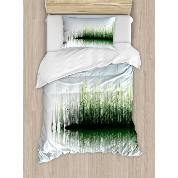 Nature Duvet Cover Set, Spring Time Sunset Beams Lake Reflection with Leaves Buds Flowers Rock Image, Decorative 2 Piece Bedding Set with 1 Pillow Shams, Twin Size, Blue and Green, by Ambesonne