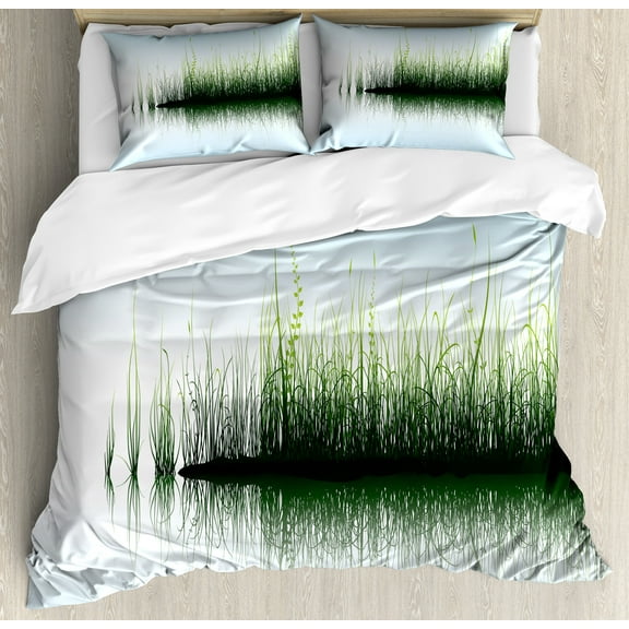 Nature Duvet Cover Set, Spring Time Sunset Beams Lake Reflection with Leaves Buds Flowers Rock Image, Decorative 3 Piece Bedding Set with 2 Pillow Shams, Queen Size, Blue and Green, by Ambesonne