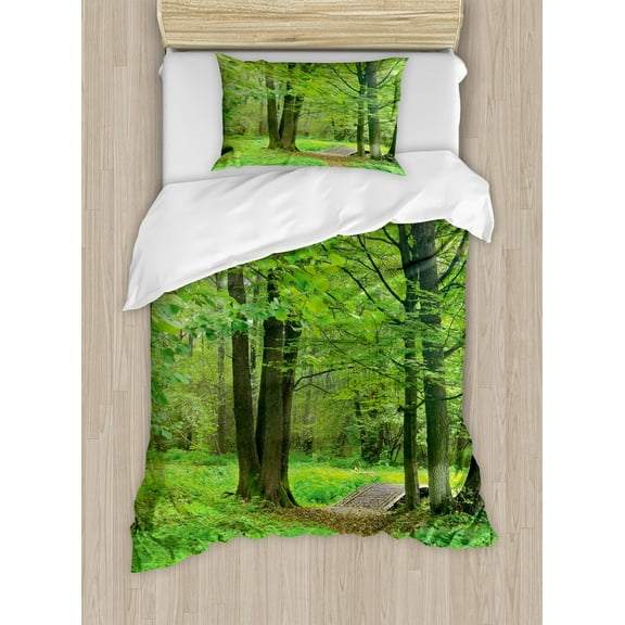 Nature Duvet Cover Set, Summer Season Forest with Flourishing Trees Grass and Pathway Tranquil Scenery, Decorative 2 Piece Bedding Set with 1 Pillow Shams, Twin Size, Fern Green Brown, by Ambesonne