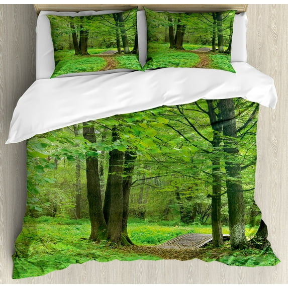 Nature Duvet Cover Set, Summer Season Forest with Flourishing Trees Grass and Pathway Tranquil Scenery, Decorative 3 Piece Bedding Set with 2 Pillow Shams, Queen Size, Fern Green Brown, by Ambesonne