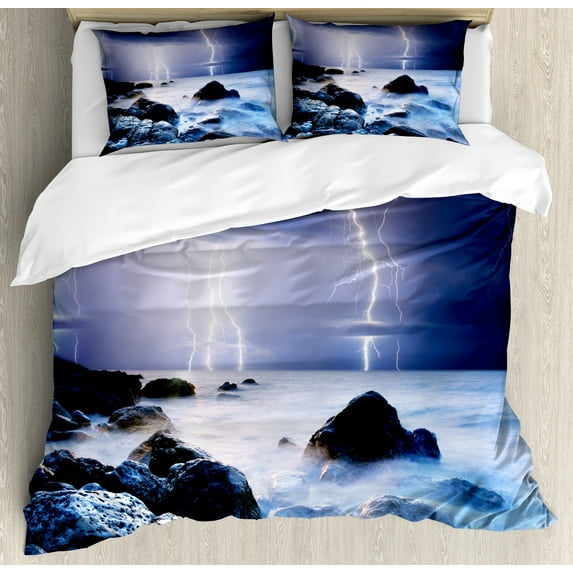 Nature Duvet Cover Set, Summer Storm Bolts over the Rocks in Ocean Nightmare Theme Weather Nature Image, Decorative 3 Piece Bedding Set with 2 Pillow Shams, Queen Size, Purple Grey, by Ambesonne
