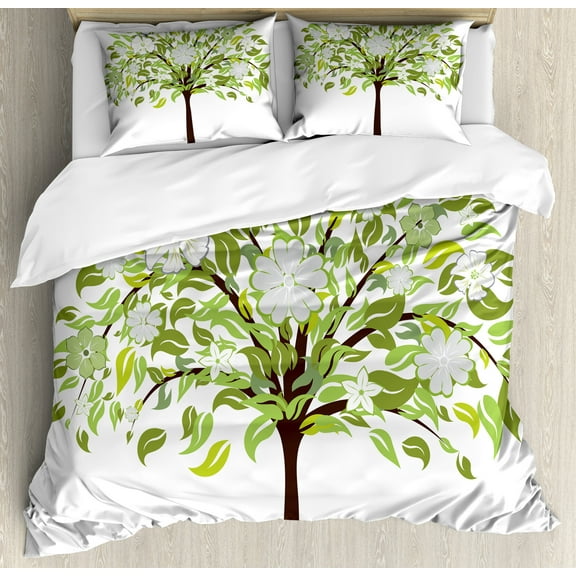 Nature Duvet Cover Set, Summer Tree with Flourishing Flowers Spring Blossoms Seasonal Print, Decorative 3 Piece Bedding Set with 2 Pillow Shams, King Size, Green Brown White, by Ambesonne