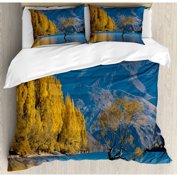 Nature Duvet Cover Set, Sunken Tree Lake on Mountain Range Exquisite Rural New Zealand Scenery, Decorative 3 Piece Bedding Set with 2 Pillow Shams, King Size, Earth Yellow Pale Blue, by Ambesonne