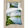 thumbnail image 1 of Nature Duvet Cover Set, Sunny Day on a Calm River in Summer Sunshines Greenery Grass Outdoors Cloud, Decorative 2 Piece Bedding Set with 1 Pillow Shams, Twin Size, Fern Green Sky Blue, by Ambesonne, 1 of 3