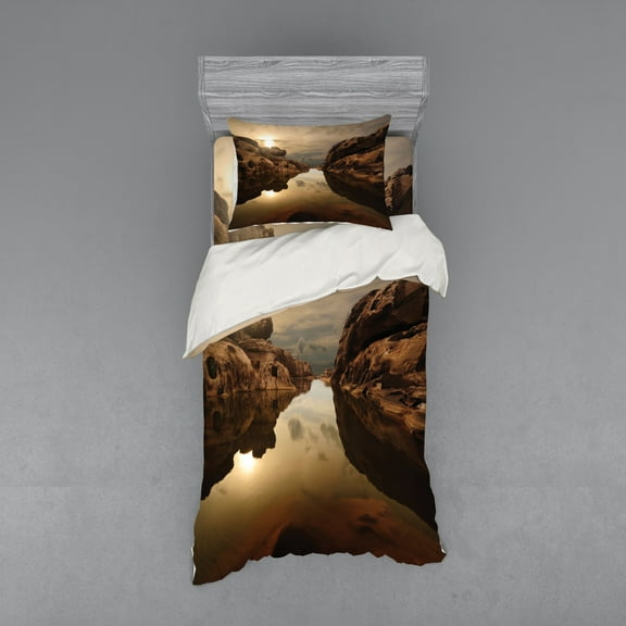 Nature Duvet Cover Set, Sunrise over Secluded Rocks in Calm Lake Beaming Sun Reflections on Water Cloudy Sky, Bedding Set with Shams and Fitted Sheet, 3 Sizes, by Ambesonne