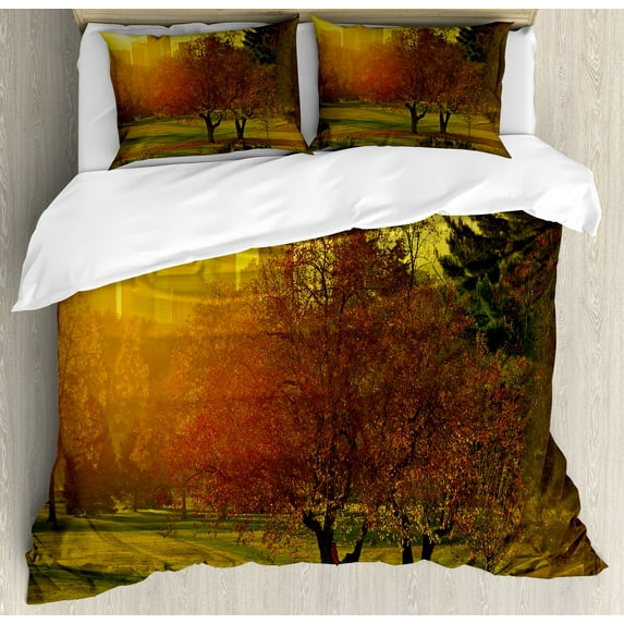 Nature Duvet Cover Set, Sunset over the City Park Colorado Skyline Autumn Theme Scenic Picture, Decorative 3 Piece Bedding Set with 2 Pillow Shams, Calking Size, Fern Green Dark Orange, by Ambesonne